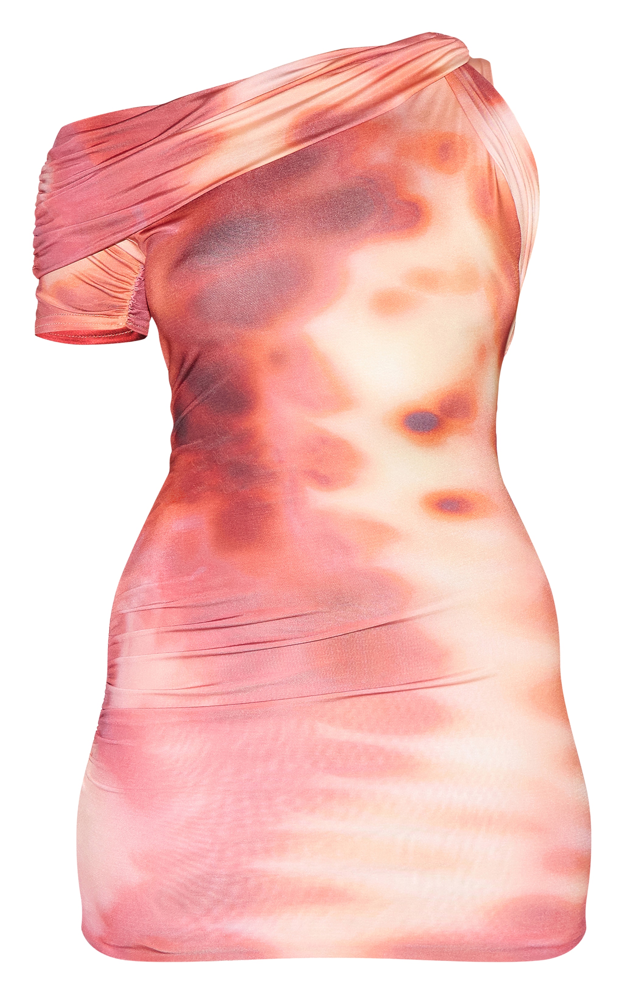 Pink Abstract Print Double Layer Slinky Ruched One Shoulder Mini Dress image 5