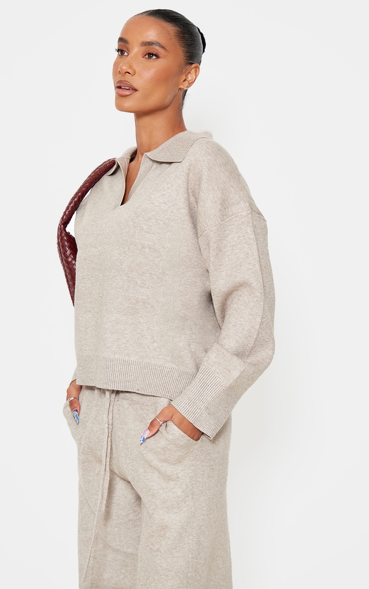 Taupe Knitted Polo Neck Sweater And Wide Leg Pants Set image 2