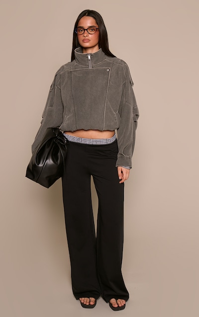 Black Cotton Checked Waistband Detail Jersey Wide Leg Trouser