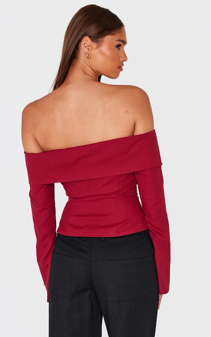 Burgundy Bardot Foldover Long Sleeve Top image 2