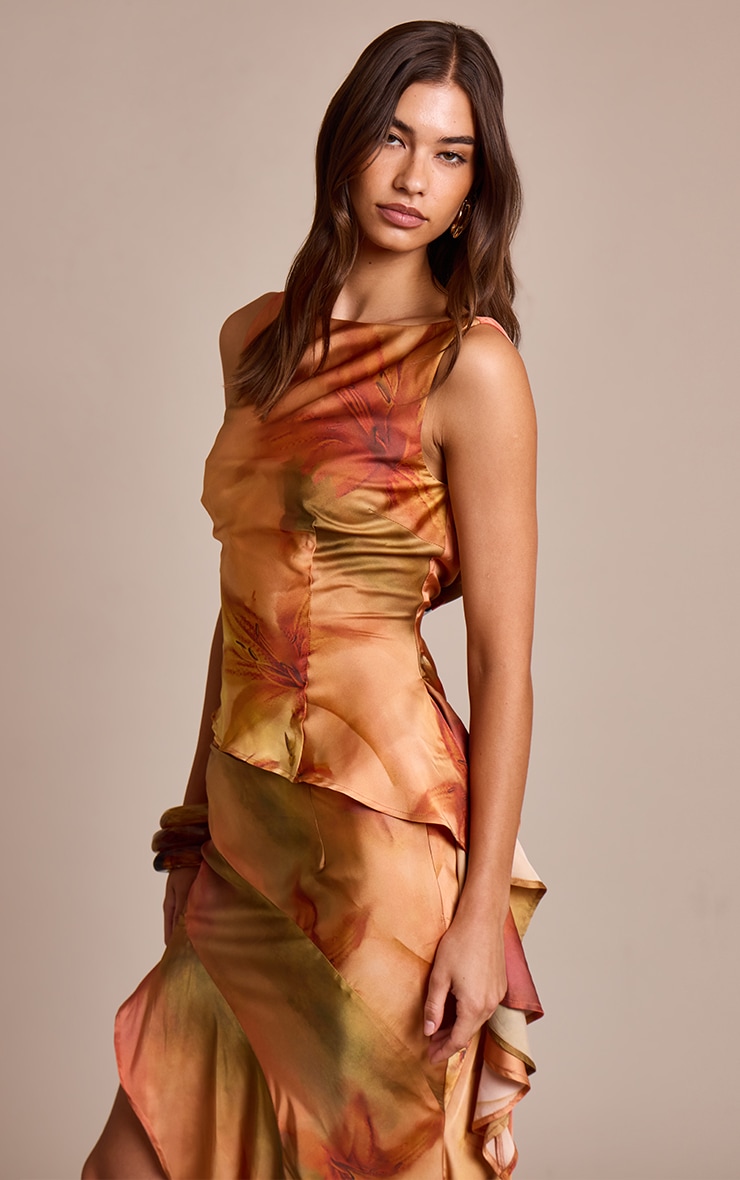 Burnt Orange Printed Satin Cowl Back Asymmetric Ruffle Top image 4