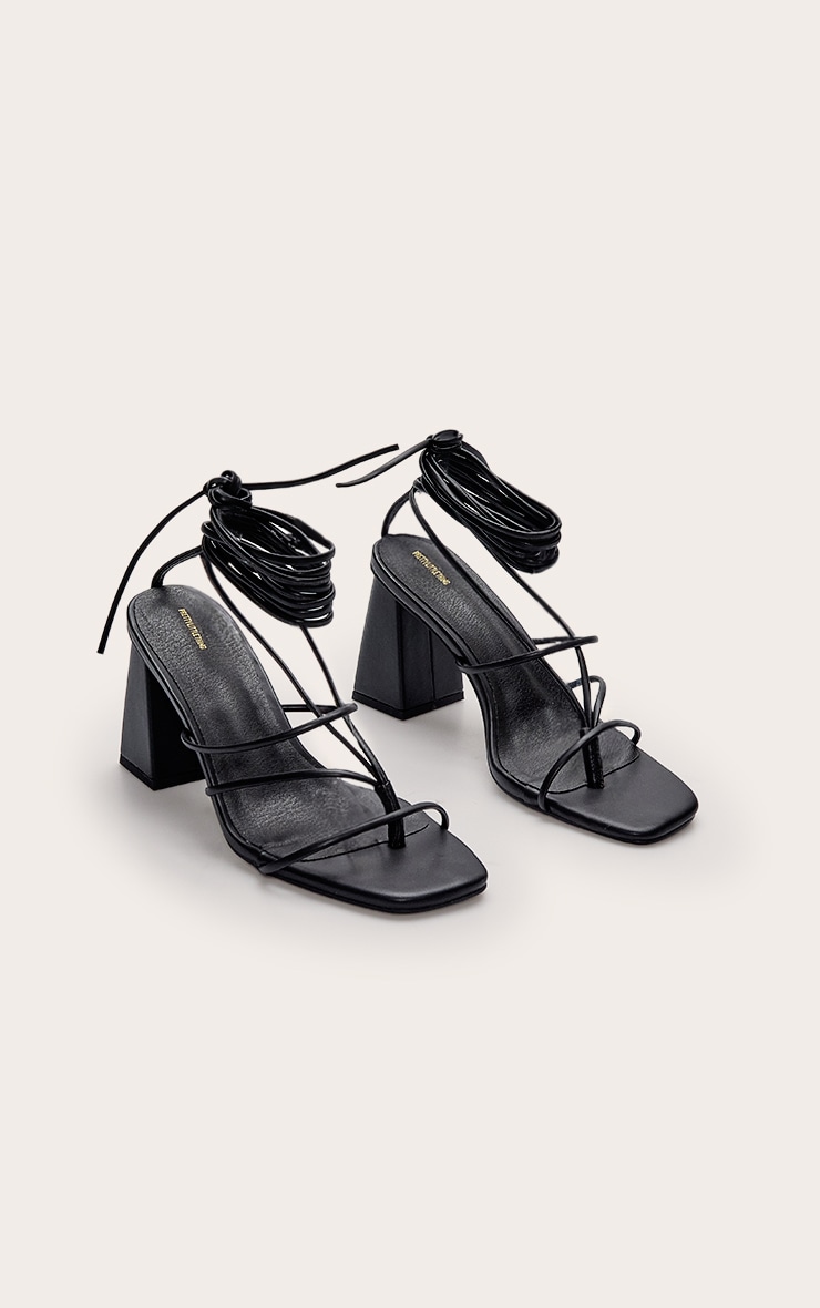 Black Pu Square Toe Thong Strappy Lace Up Block Heeled Sandals image 3