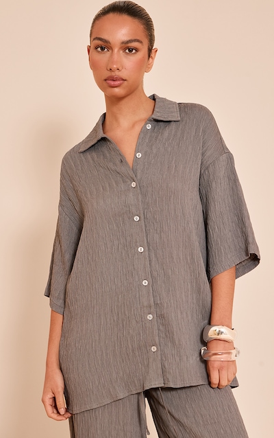 Chemise oversize tissée texturée gris anthracite à manches courtes