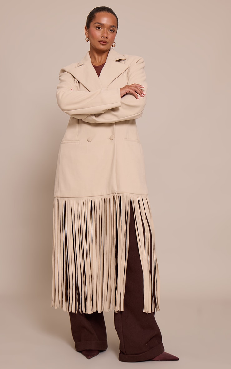 Shape Cream Wool Look Cinched Waist Fringe Hem Blazer image 3