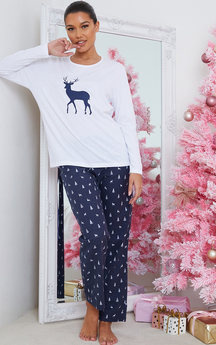 Blue Reindeer Printed Long Sleeve PJ Set
