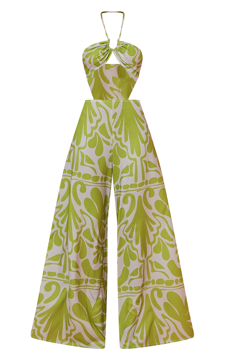 Green Abstract Print Strapless Jumpsuits