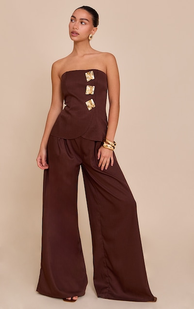 Chocolate Woven Bandeau Trim Detail Straight Leg Jumpsuit