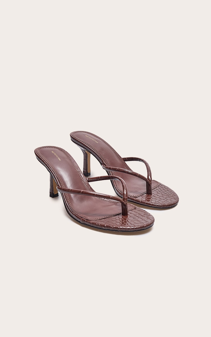 Brown Croc Pu Round Toe Thong Mid Heeled Mules image 2