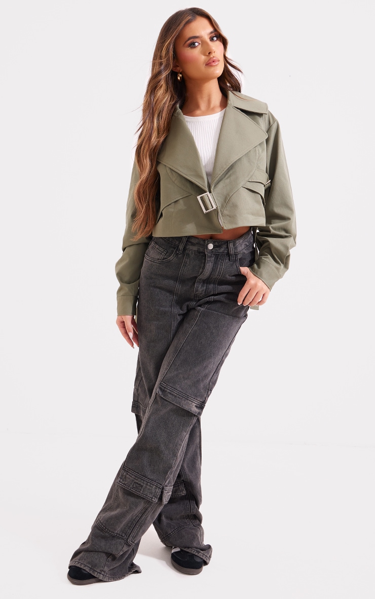 Khaki Cropped Trench Belted Jacket image 3