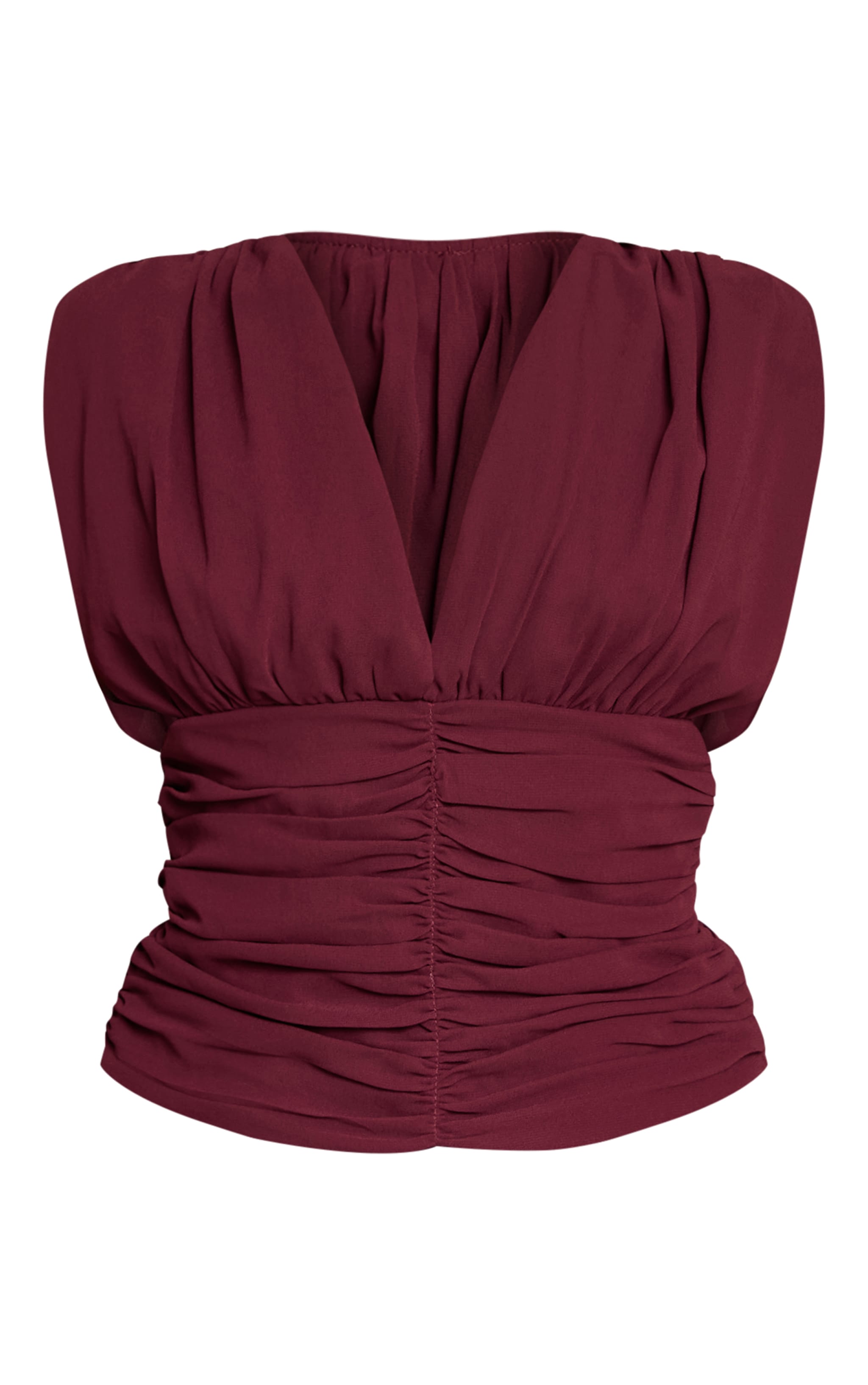 Wine Chiffon Plunge Ruched Bodice Top image 5