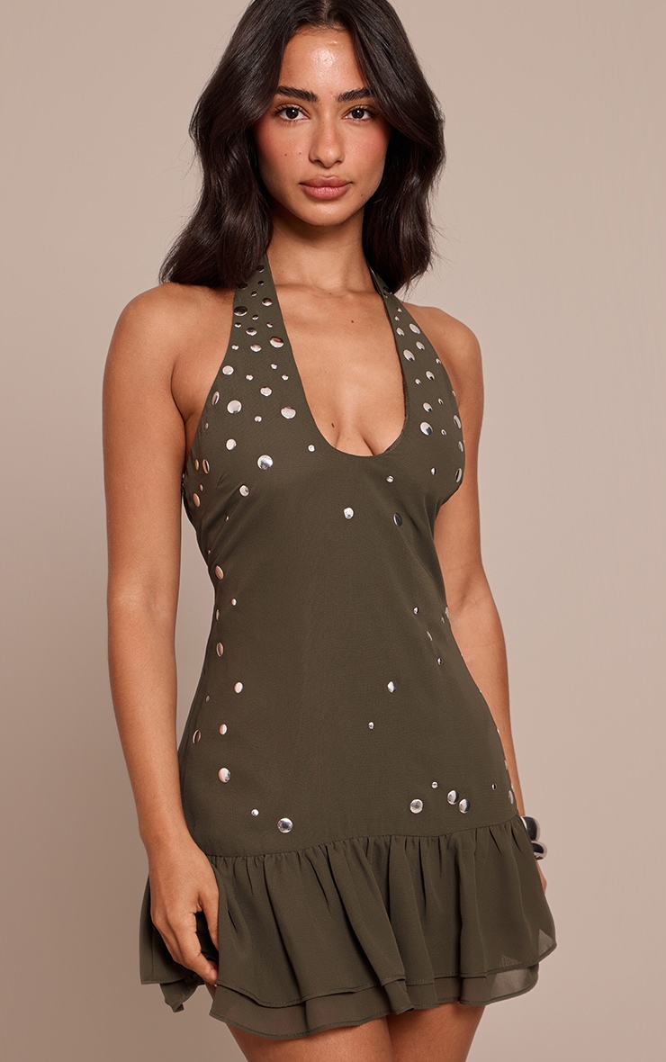 Petite Khaki Ruffle Stud Detail Halterneck Dress image 1