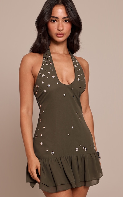 Petite Khaki Ruffle Stud Detail Halterneck Dress