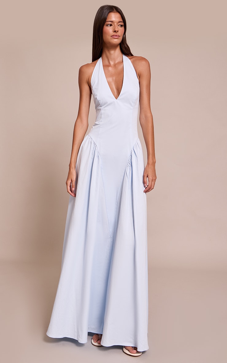 Light Blue Woven Halterneck Plunge Midaxi Dress image 1
