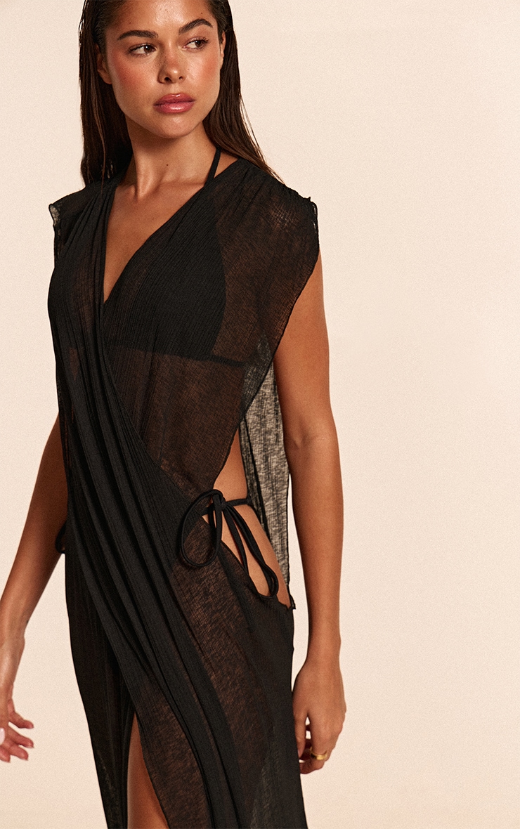 Black Burnout Mesh Wrap Maxi Beach Dress image 4
