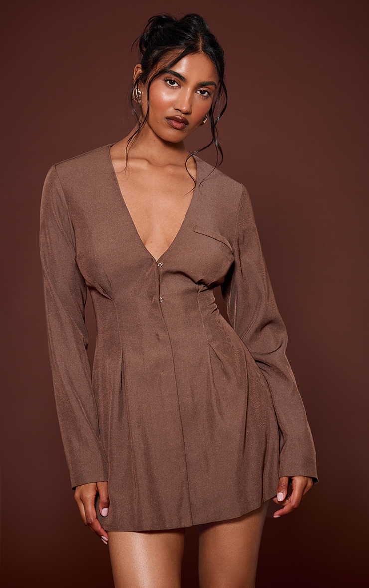 Chocolate Cinched Waist Pleated Blazer Dress image 1