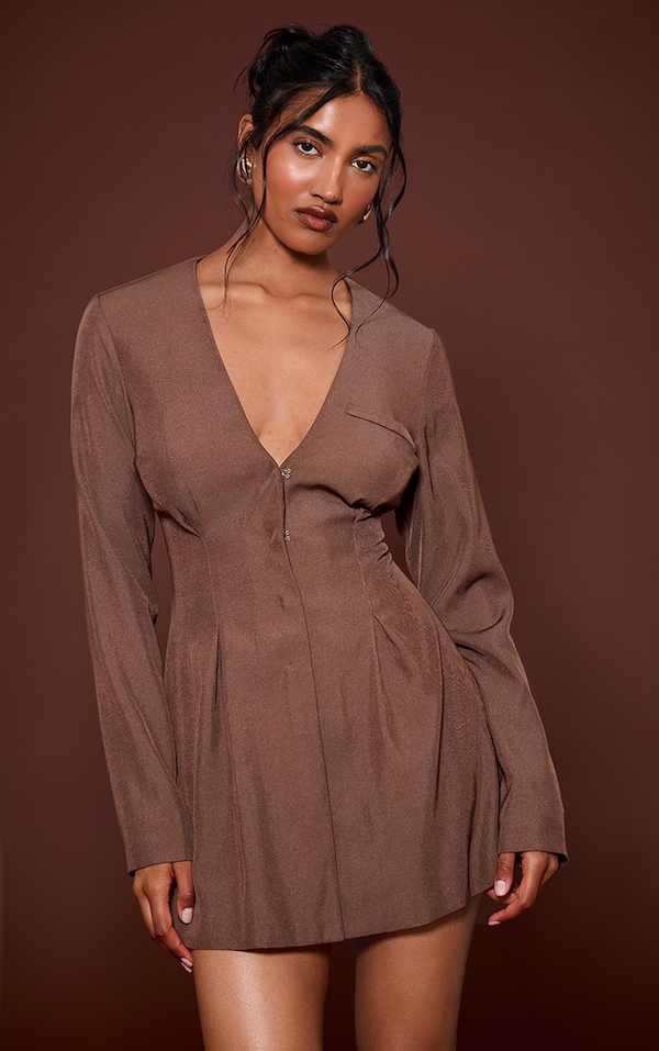 Chocolate Cinched Waist Pleated Blazer Dress