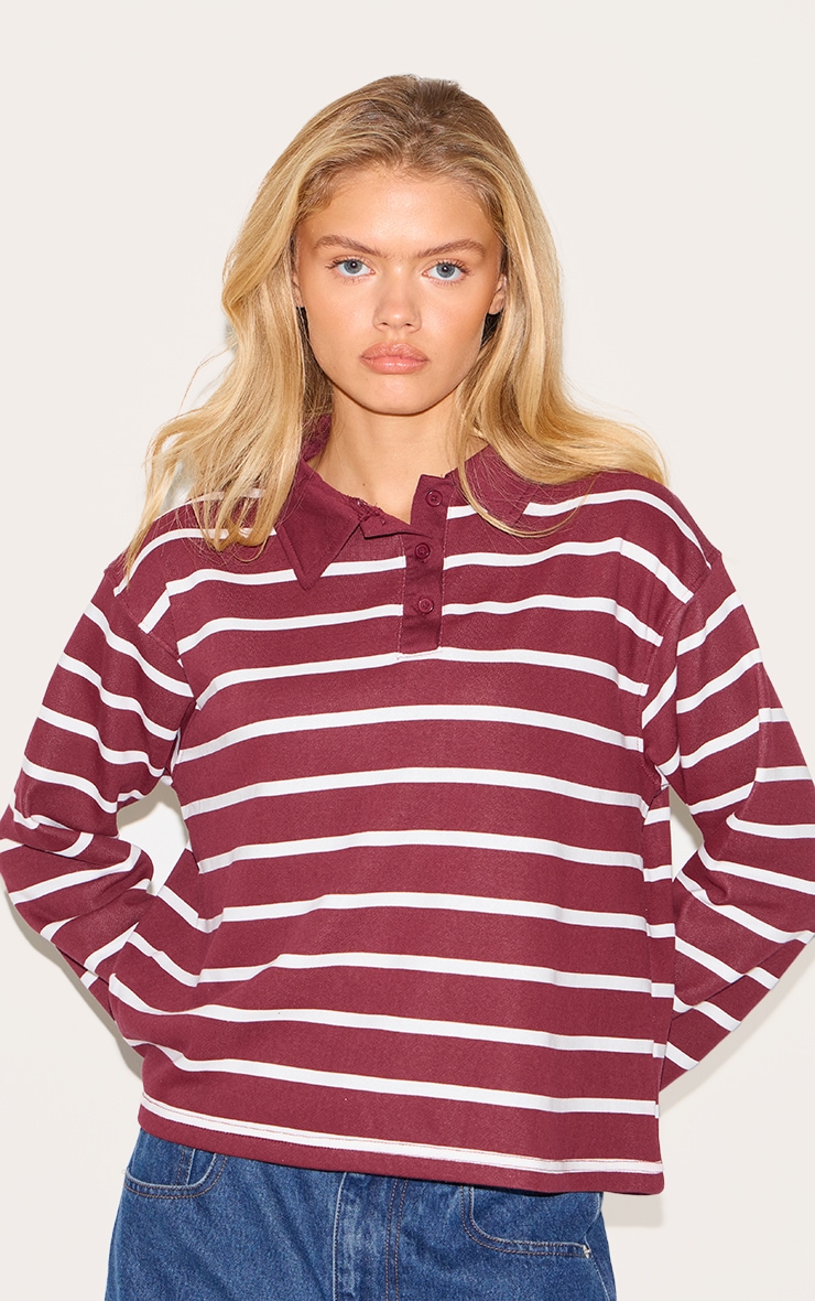 Burgundy Striped Cotton Long Sleeve Collared T Shirt image 4