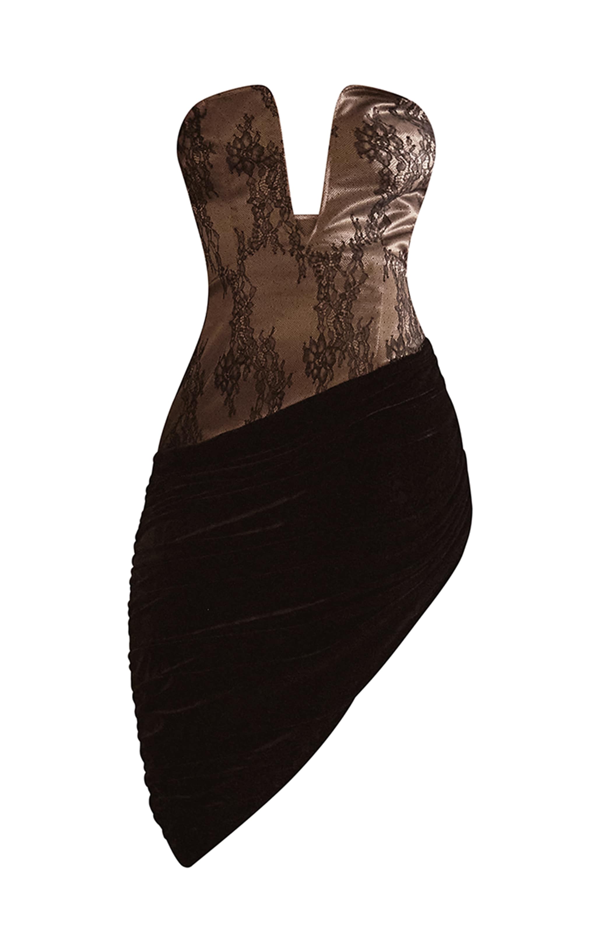 PLT Label Robe bustier mi-longue en dentelle noire à décolleté et jupe en velours asymétrique image 5
