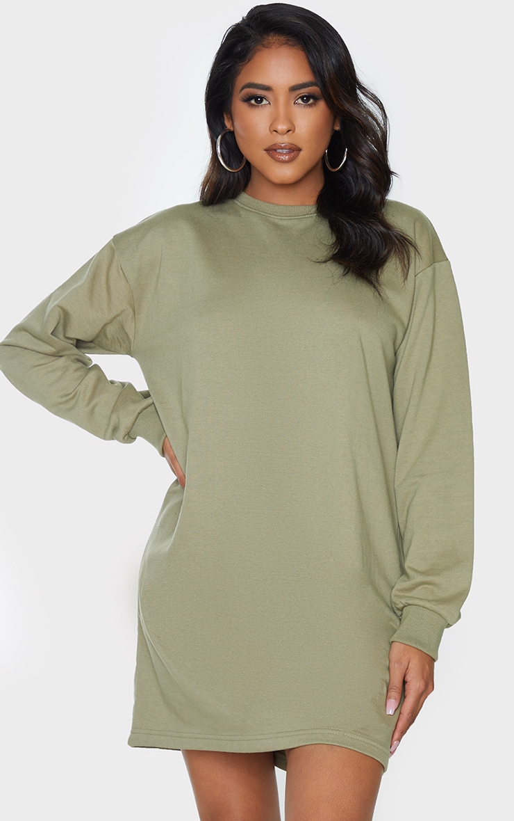 Khaki Basic Crew Neck Oversized Sweater Dress