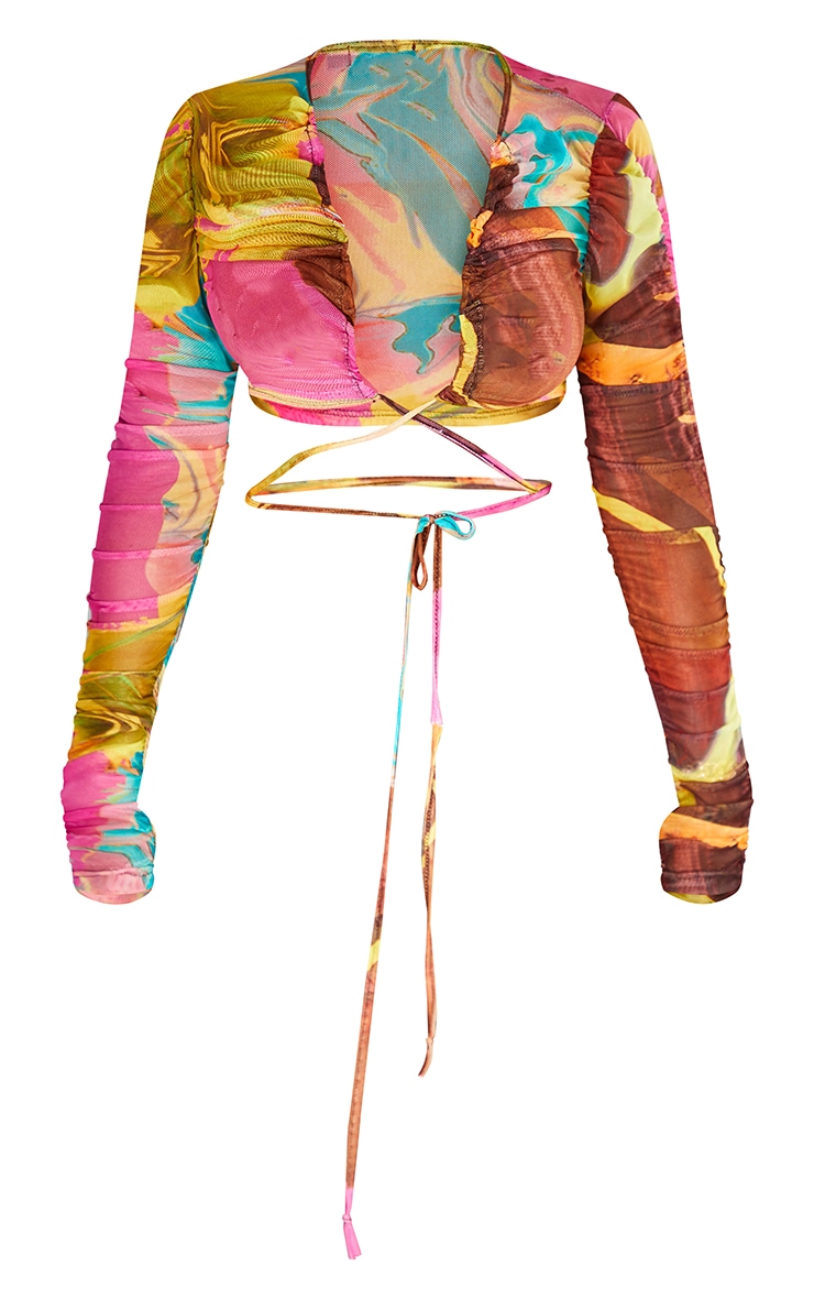 Multi Abstract Marble Print Mesh Extreme Ruched Tie Waist Crop Top image 5
