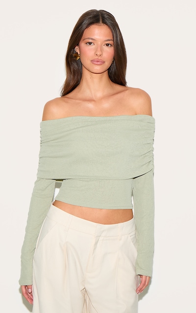 Sage Green Onion Skin Bardot Ruched Top