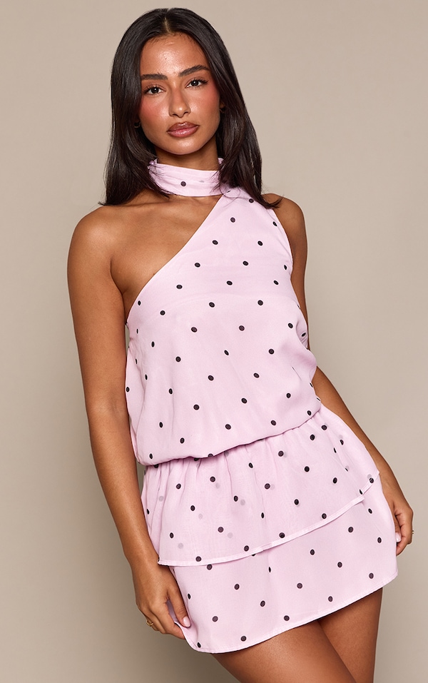 Petite Pink Polka Dot Chiffon Scarf Detail Ruffle Shift Mini Dress