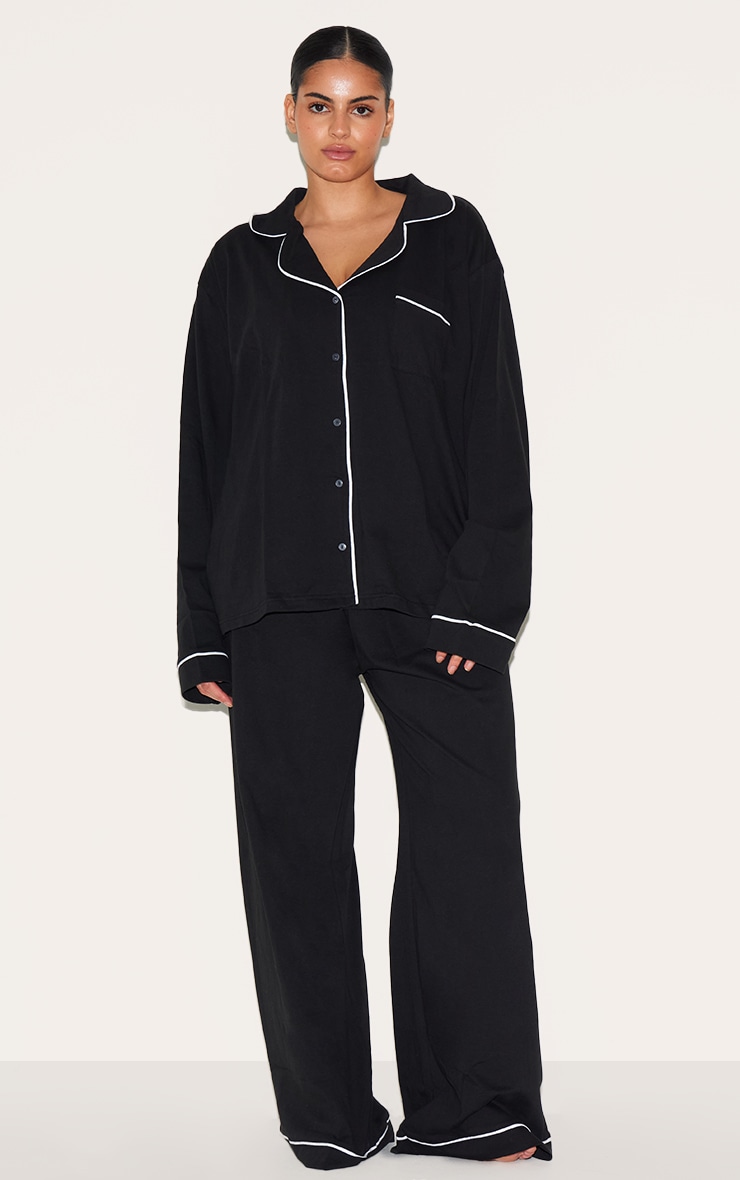 Plus Black Jersey Piping Detail Long Pj Set image 1