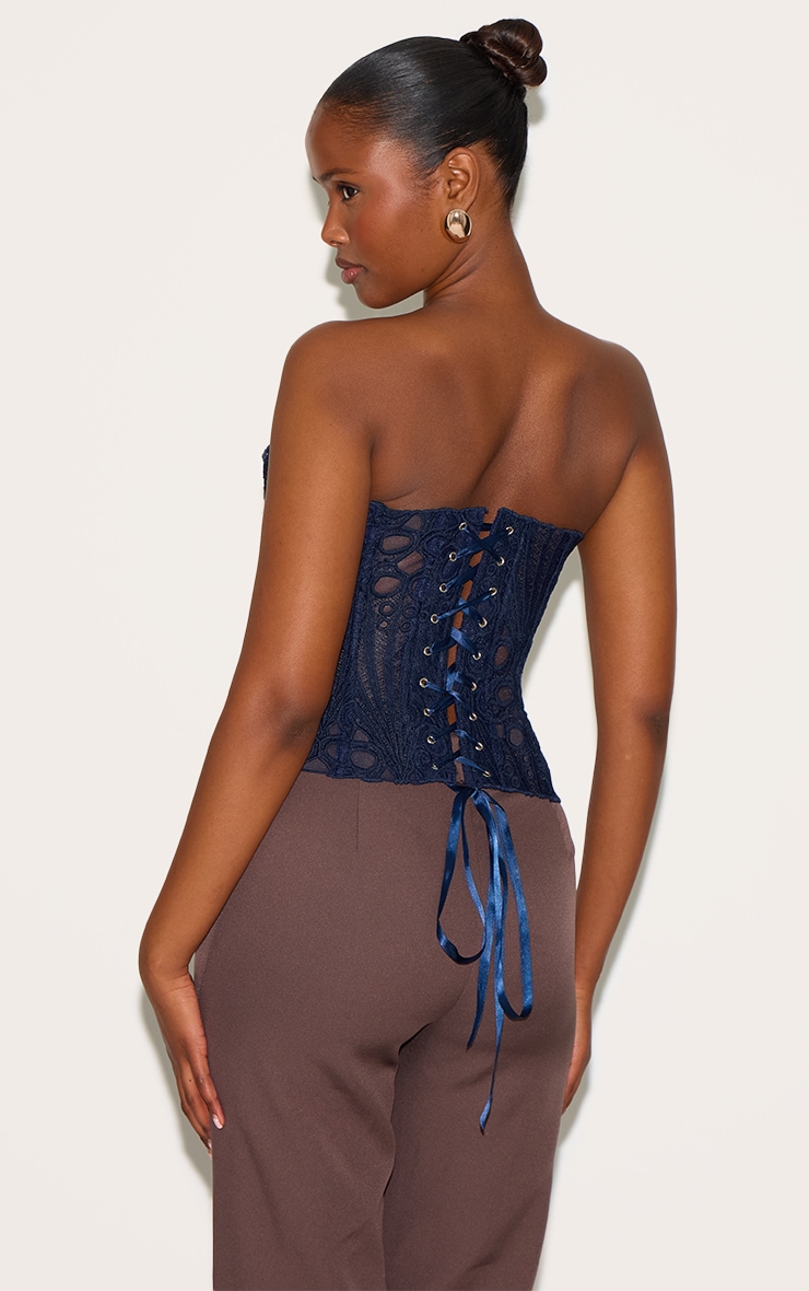 Navy Textured Sheer Floral Lace Corset image 2