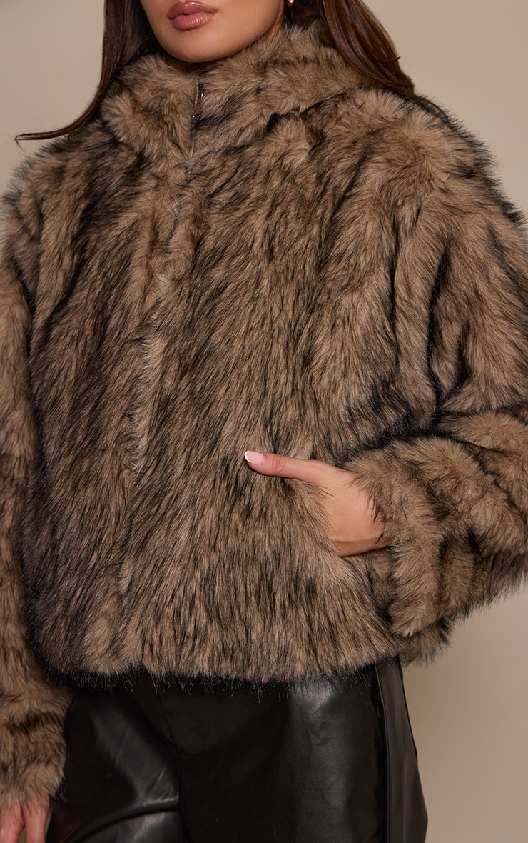 Brown Faux Fur Cropped Hooded Zip Up Jacket  image 4