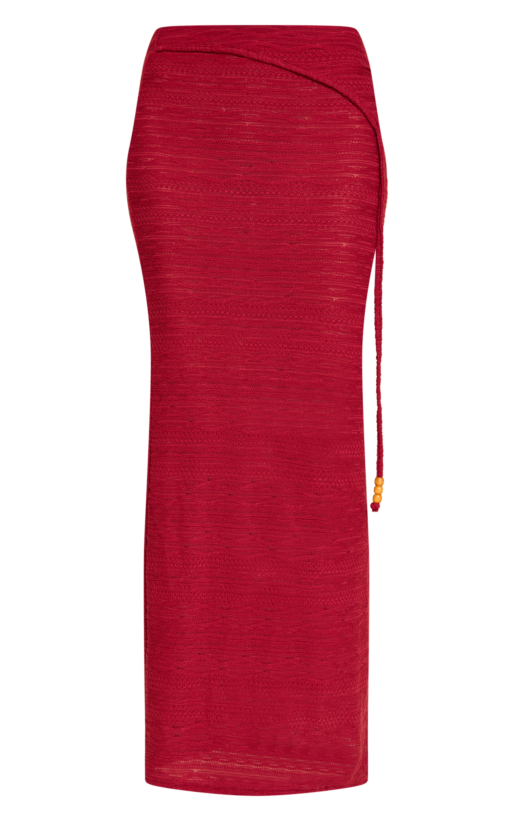 Jupe longue texturée rouge à détail asymétrique et perles image 5