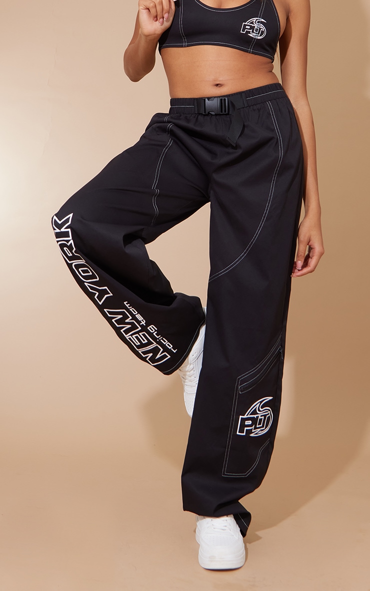 PRETTYLITTLETHING Black Logo Print Nylon Buckle Cargo Pants image 3