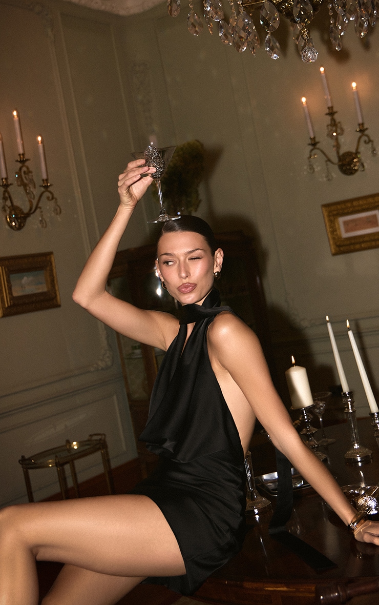 Black Satin Cowl Neck Mini Dress image 5