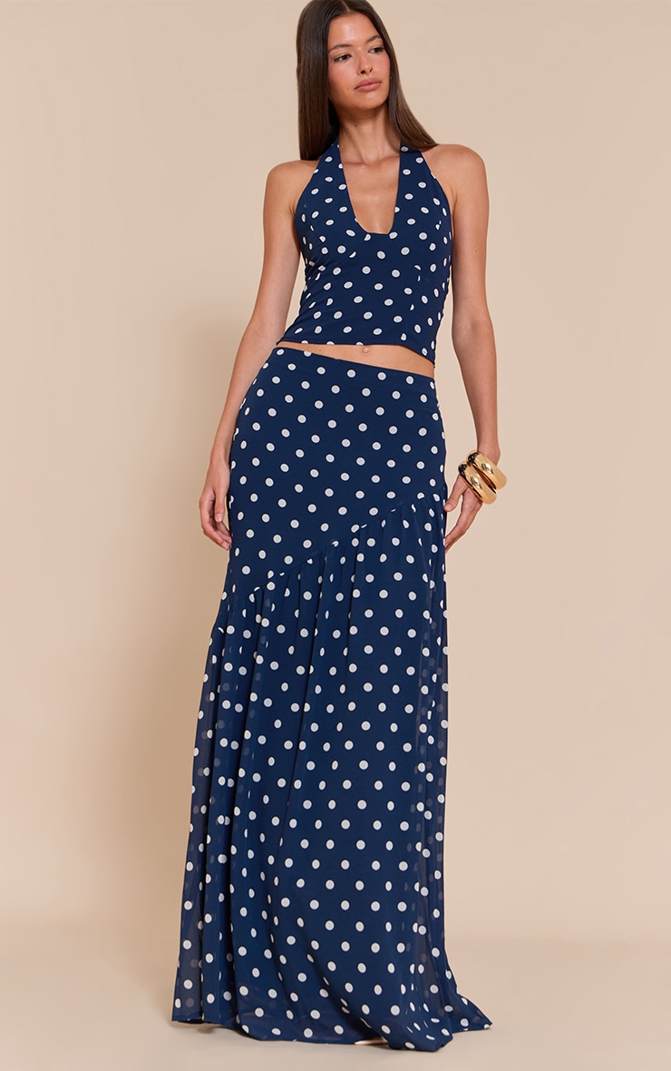 Navy Polka Dot Asymmetric Maxi Skirt image 1