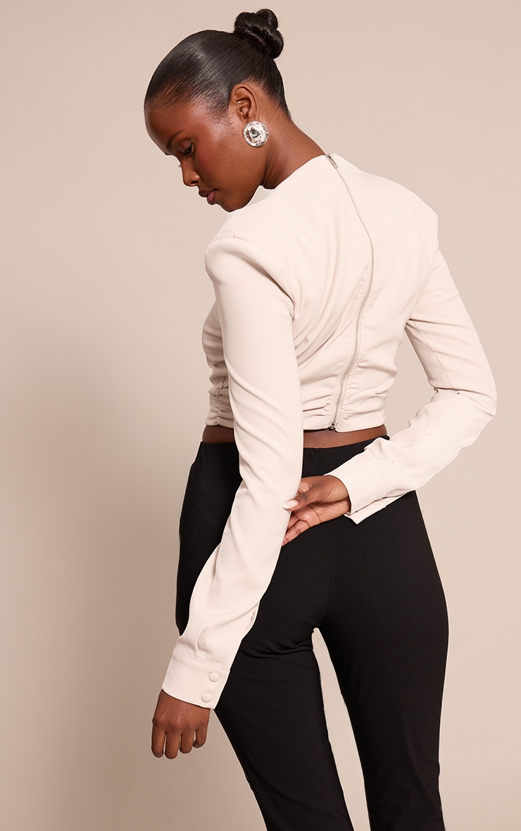 Stone Woven Shoulder Pad Detail Long Sleeve Top image 2