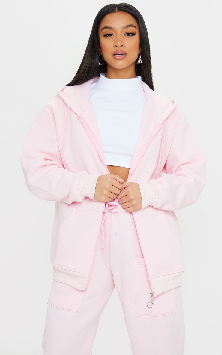 Petite Pink Extreme Oversized Pocket Front Zip Through Hoodie