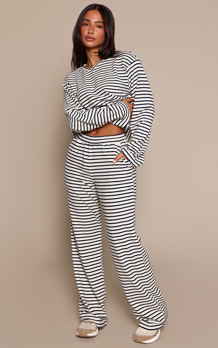 Petite Cream Stripe Soft Touch Cropped V Neck Top image 3