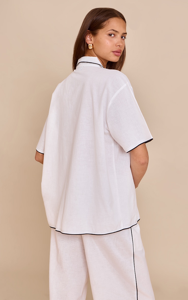 Cream Linen Look Contrast Oversized Tie Shirt image 2