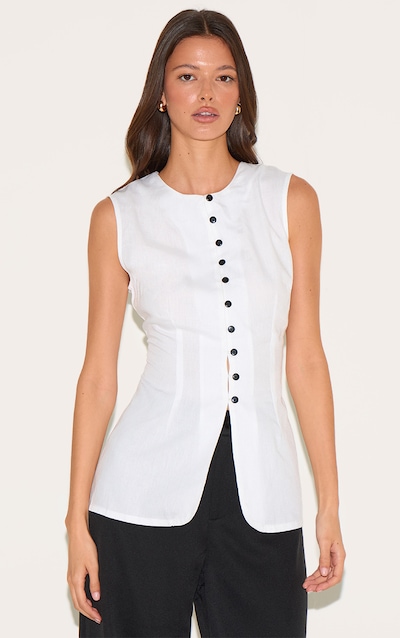 White Linen Blend Button Waistcoat