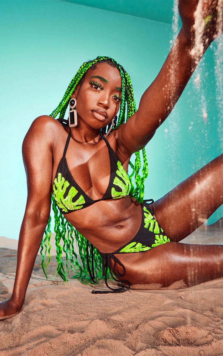 Black Palm Sequin Tie Side Bikini Bottom