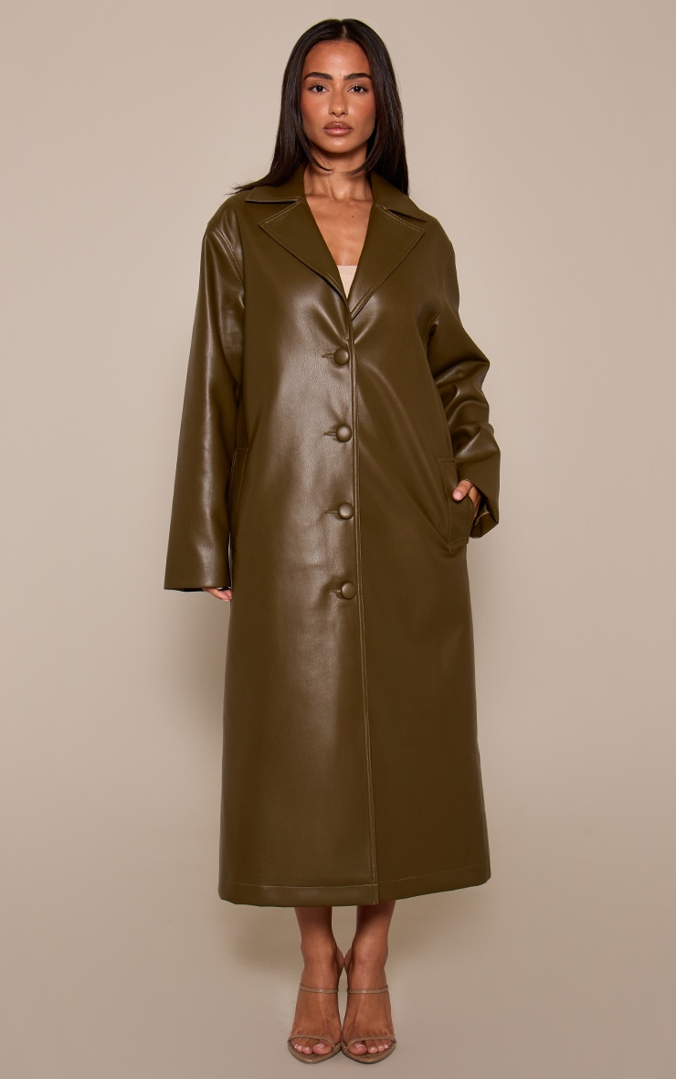 Petite Deep Khaki Faux Leather Maxi Trench Coat image 1