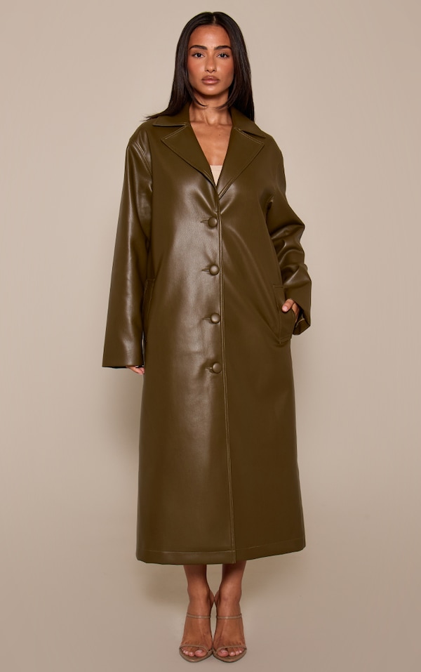 Petite Deep Khaki Faux Leather Maxi Trench Coat 