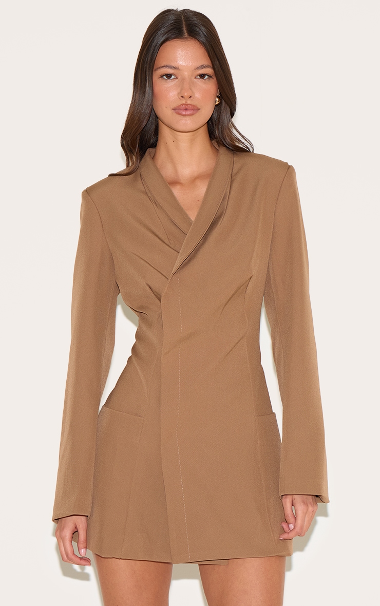 Mushroom Woven Collarless Blazer Dress image 1