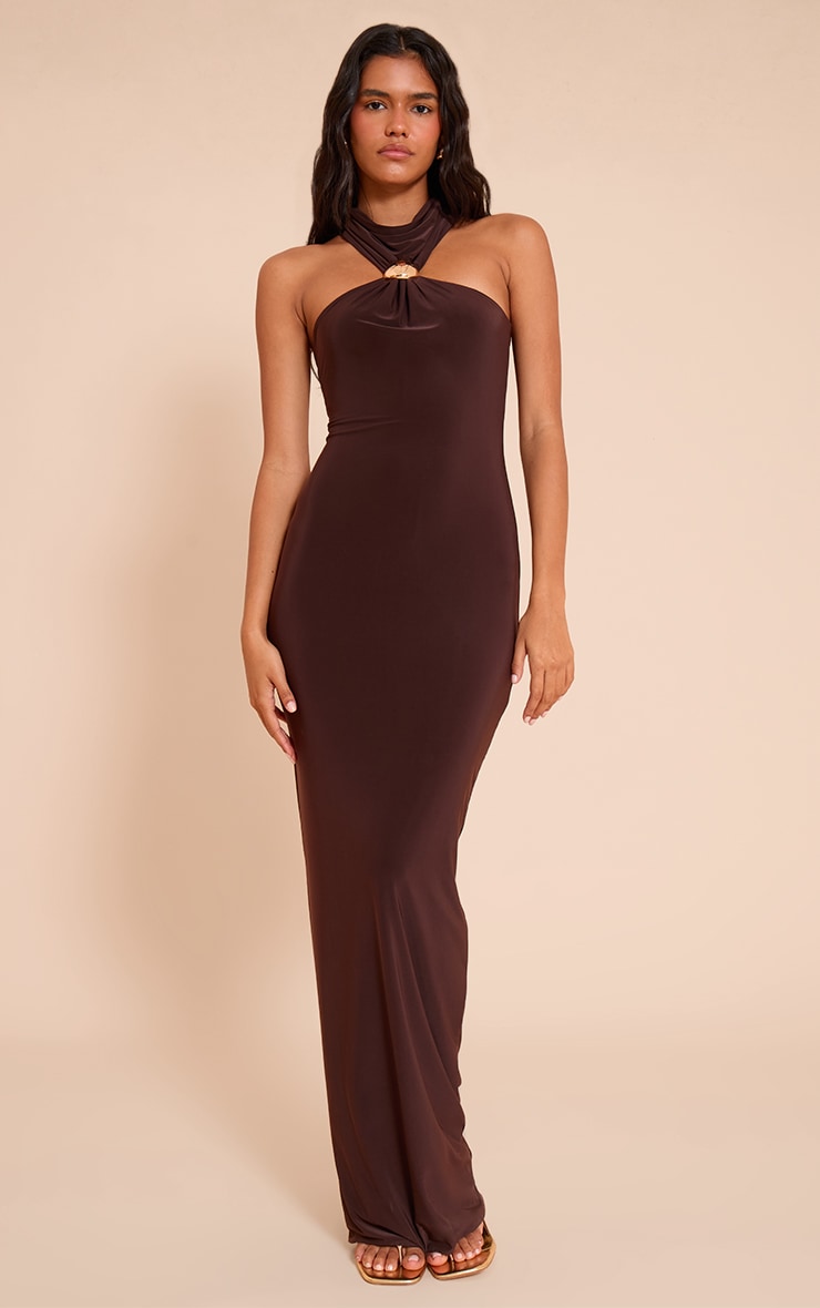 Chocolate Slinky Halterneck Trim Detail Maxi Dress image 1
