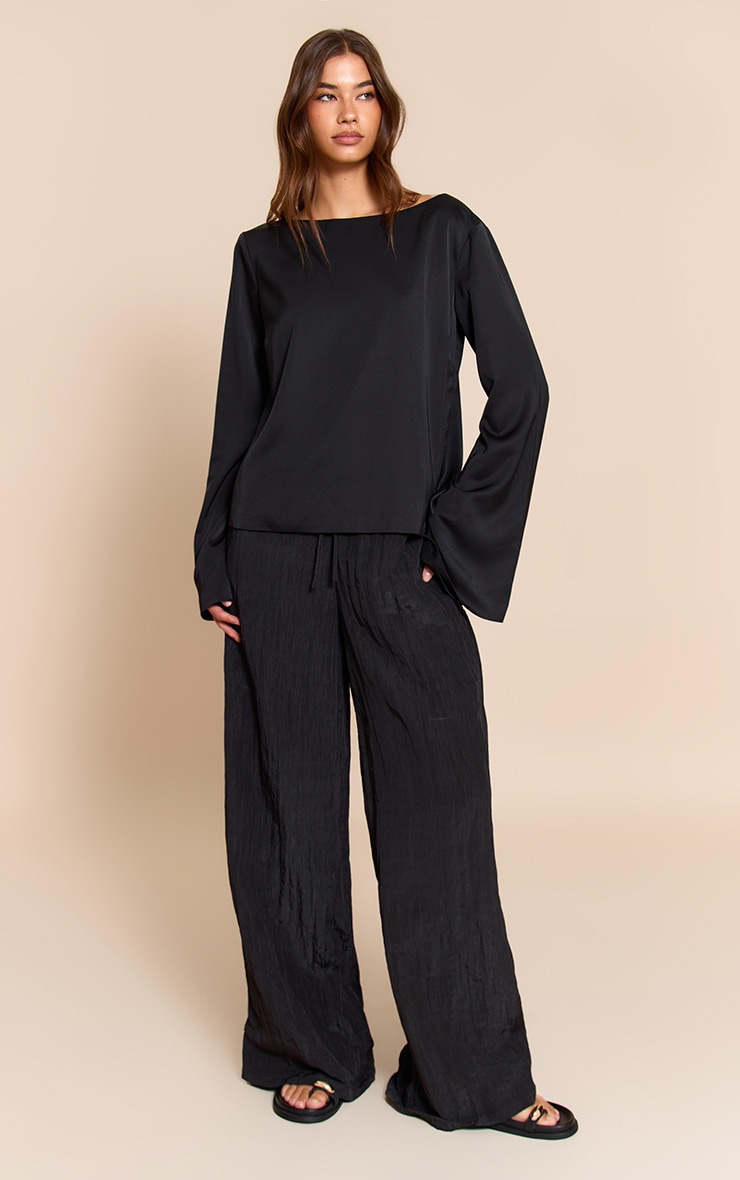 Black Satin Boat Neck Flare Sleeve Top image 3