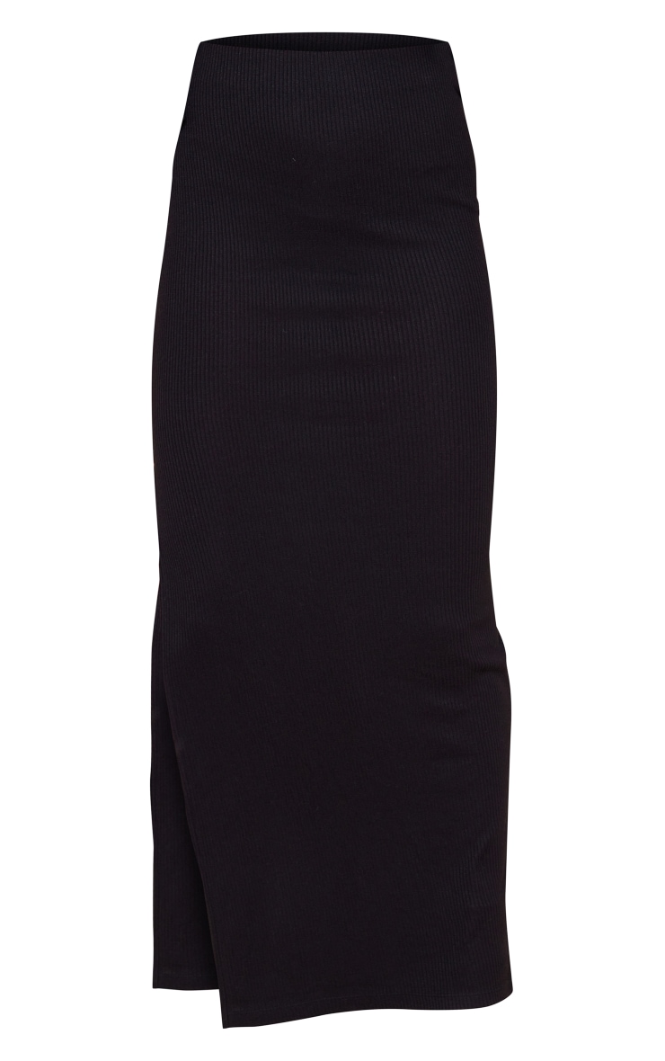 Black Rib Split Hem Low Rise Maxi Skirt image 5