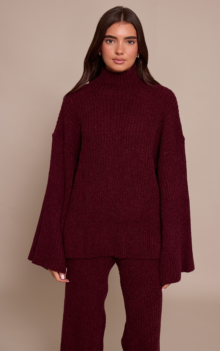 Burgundy Rib Boucle Knit Oversized Sweater image 1