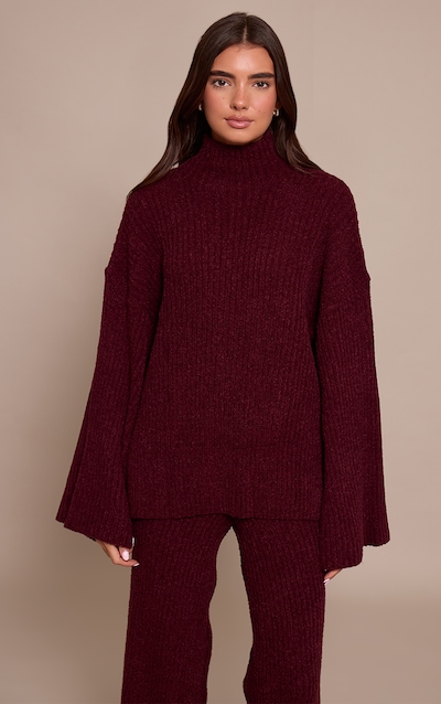 Burgundy Rib Boucle Knit Oversized Sweater