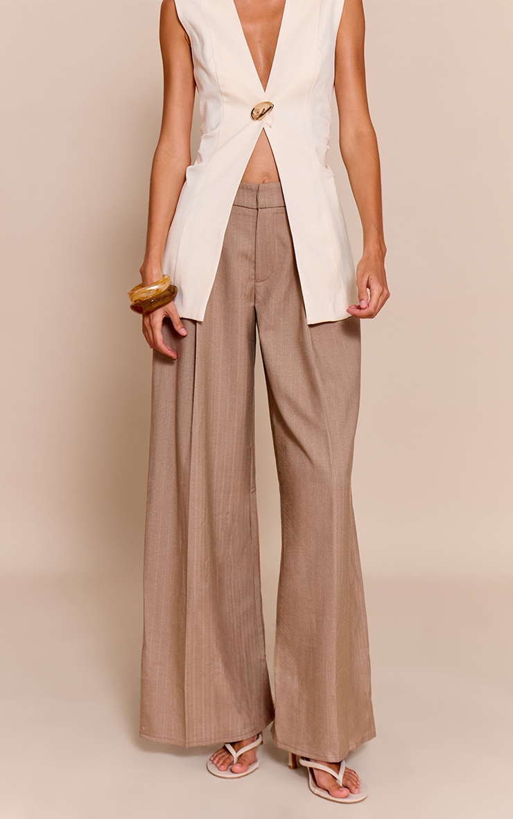 Premium Taupe Woven Pinstripe Tailored Straight Leg Pants image 2