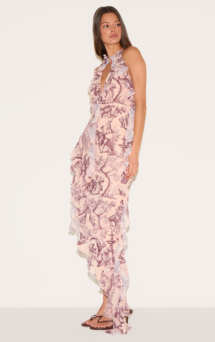Stone Chiffon Print Frill Detail Plunge Midaxi Dress image 3