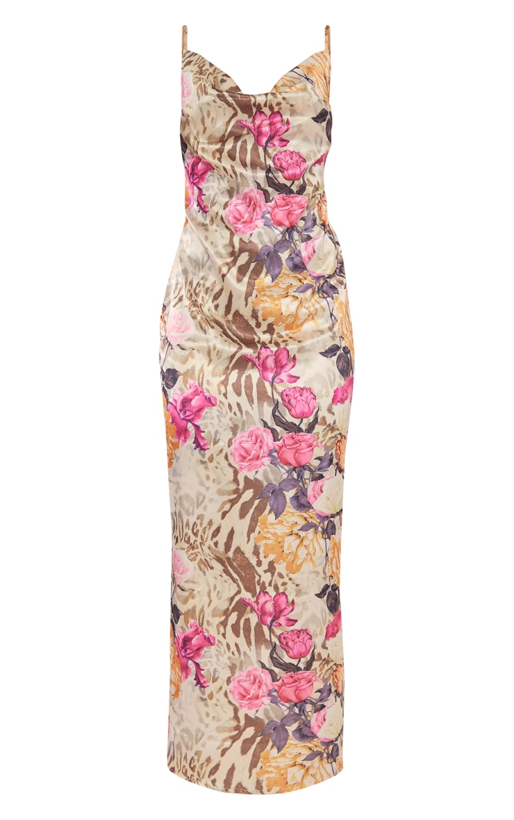 Multi Floral Animal Printed Satin Cowl Neck Maxi Dress image 5